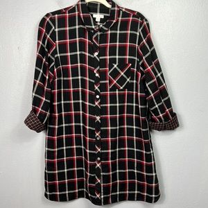J. Jill Black & Red Plaid Button Front Long Sleeve Tunic Top Medium